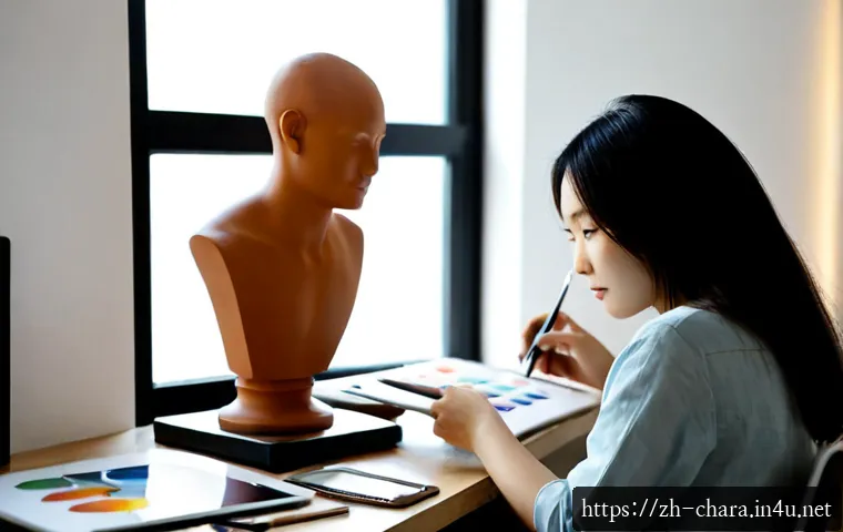 캐릭터디자인 직무에서의 창의적 접근법 - Photorealistic character designer at a bright modern studio desk, thoughtfully arranging expressive ...